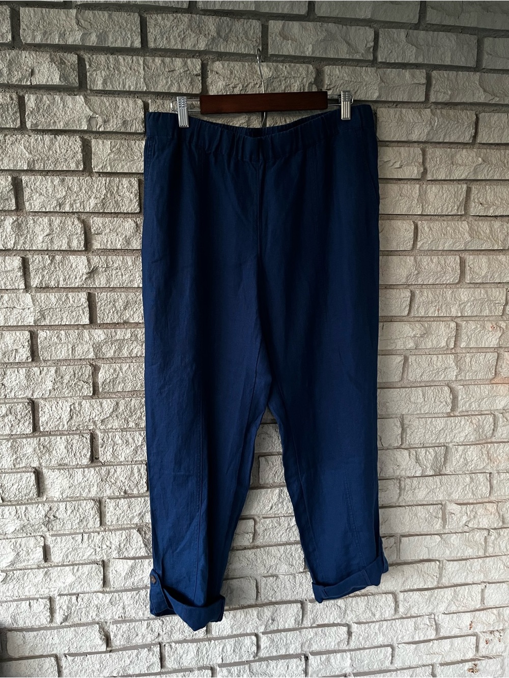 NWT J.Jill 100% Linen Navy Relaxed Straight Legged Cuffed Pants Size Medium